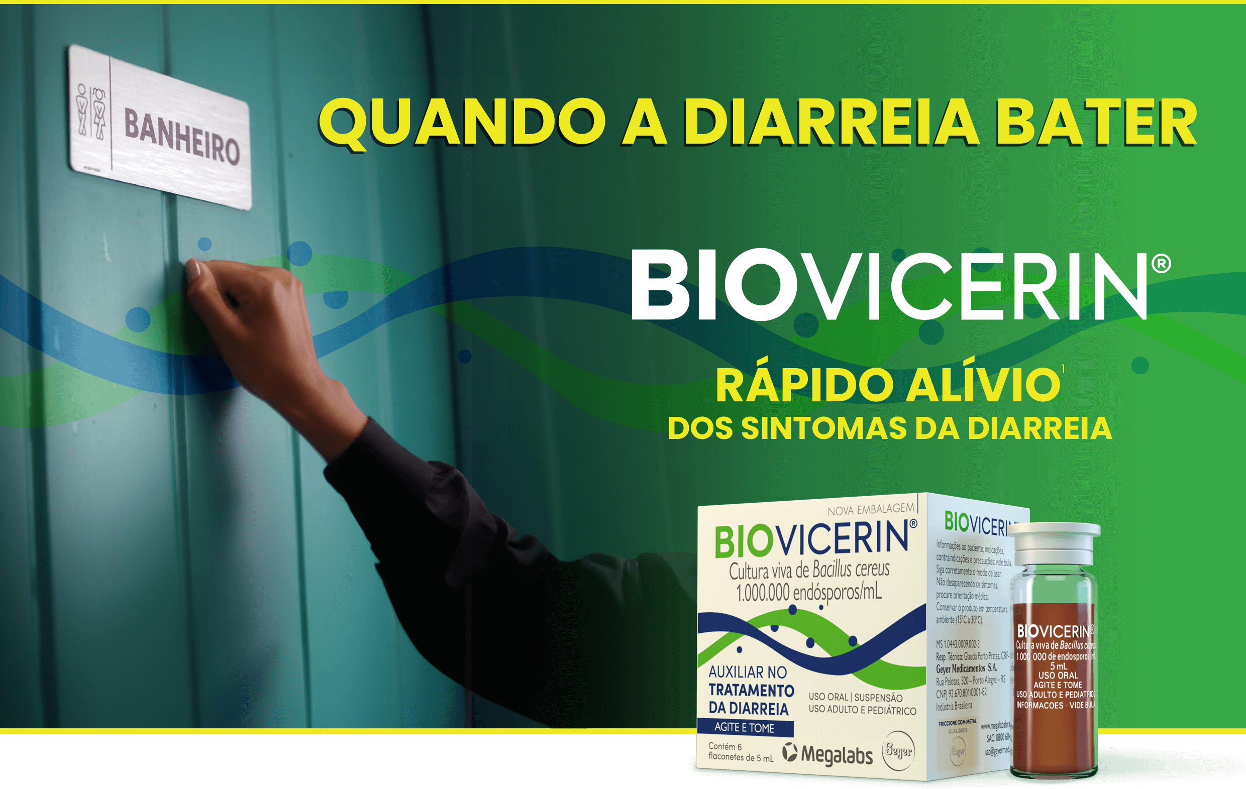 Pessoa batendo na porta de um banheiro placa informativa sobre o uso de remédio eficaz para diarreia - BIOVICERIN, alívio rápido e seguro para problemas digestivos.